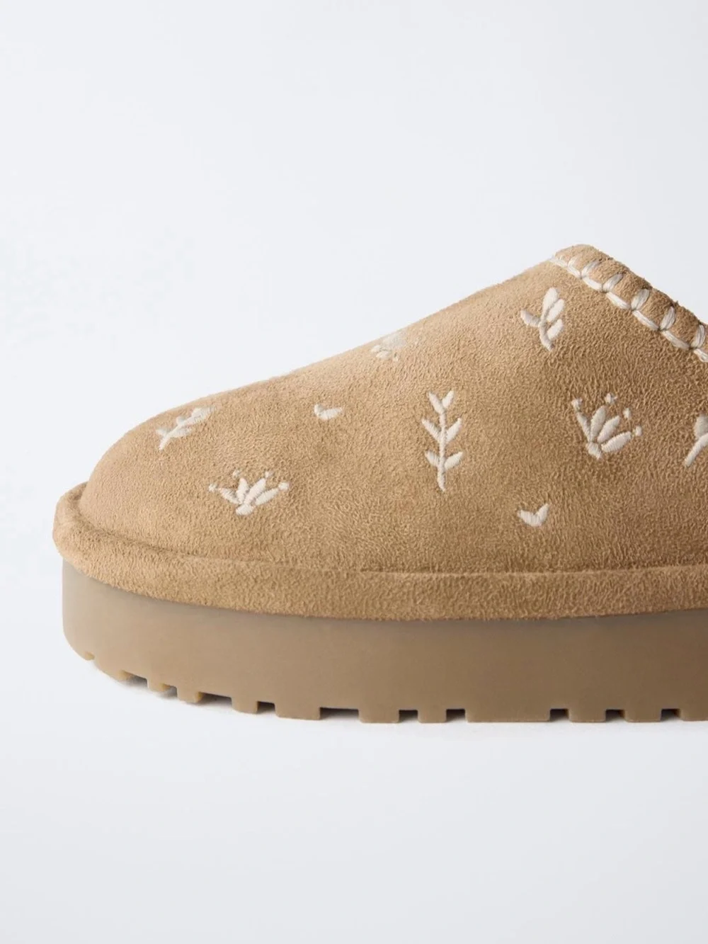 Zara Kids Tan Suede Clogs with White Embroidery